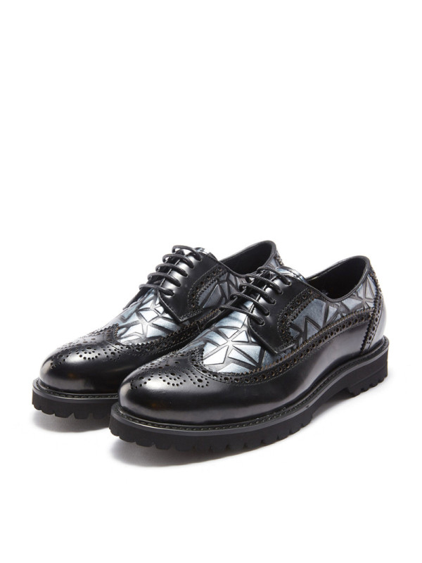 WIJI2018新款欧美英伦风真皮进口透气时尚牛皮布洛克尖头系带女鞋