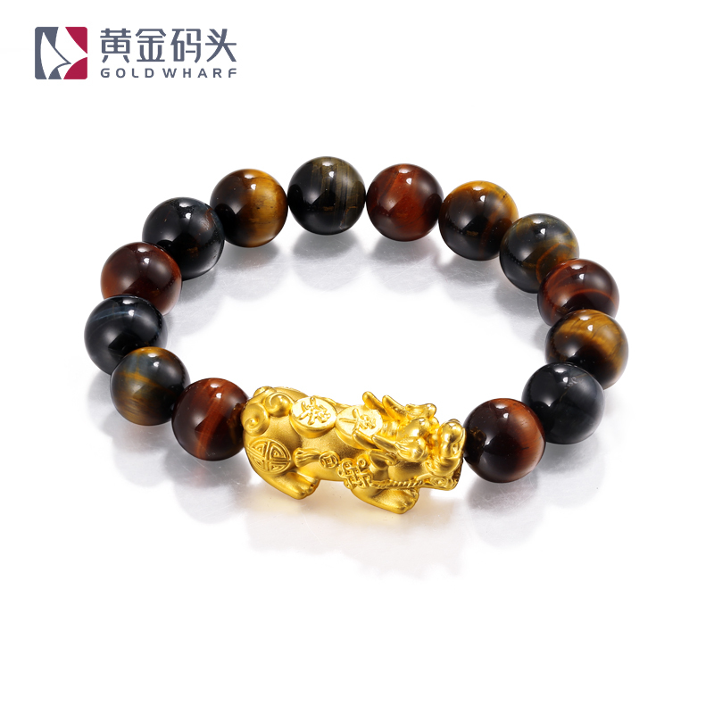 黄金码头 3D硬金彩虎眼石貔貅足金999手串男节日礼物