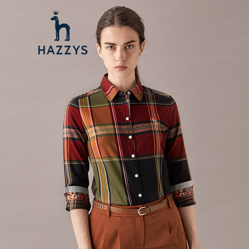 哈吉斯HAZZYS 秋冬 衬衫女百搭格纹英伦长袖衬衫