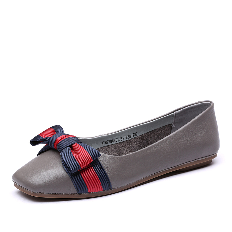 红蜻蜓女鞋春季正品真皮休闲平底鞋女韩版百搭蝴蝶结方头单鞋