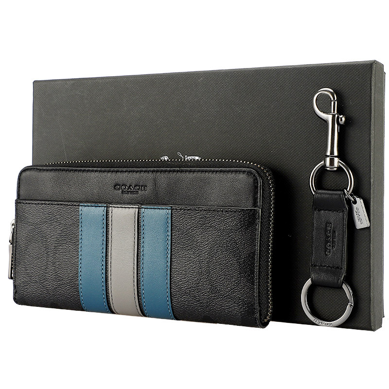 coach蔻驰男长款钱包男士灰黑蓝条pvc长款礼盒装钱包钱夹