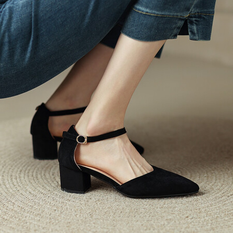 tiauny 半包头凉鞋高跟鞋女尖头细跟夏款复古法式后空单鞋中跟小跟鞋