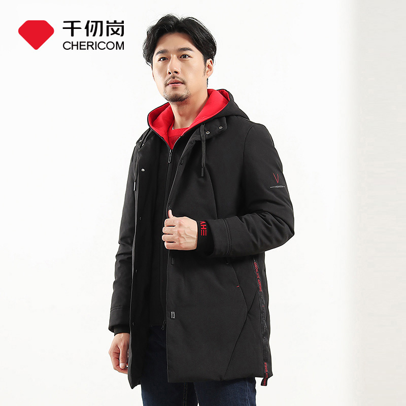 千仞岗正品羽绒服男中长款连帽时尚韩版休闲帅气冬装外套