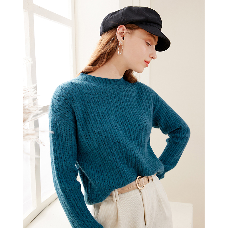 三彩2020冬季新款圆领宽松仿羊绒菠萝针长袖温暖毛衣针织衫毛衫女