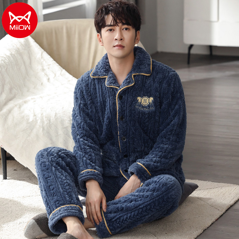 猫人长毛绒睡衣男士秋冬季翻领保暖开衫长袖长裤休闲家居服套装