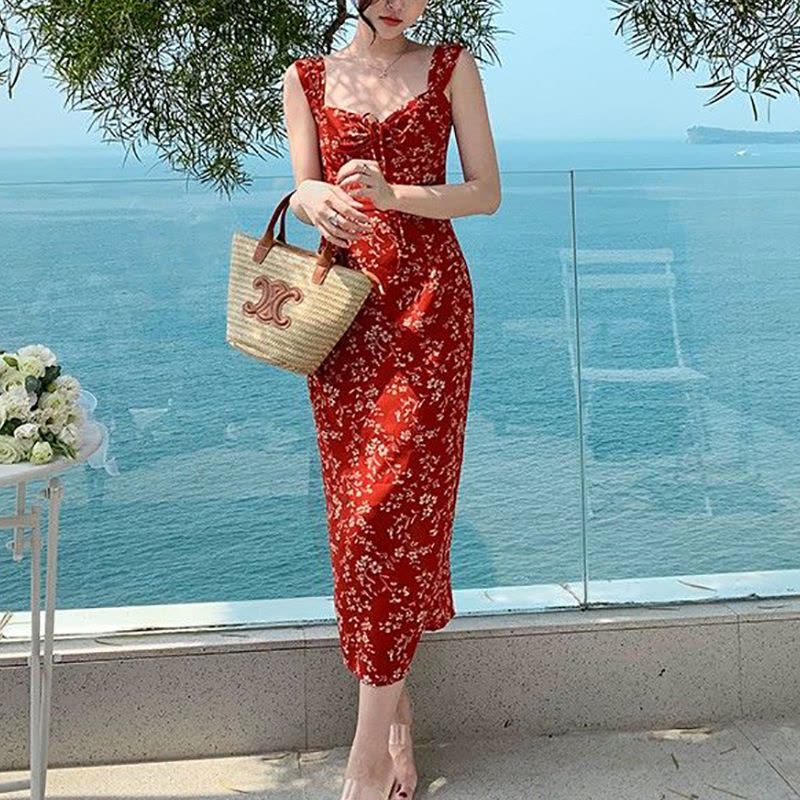 茶歇法式红色碎花吊带连衣裙子女夏季新款海边度假沙滩长裙子图片