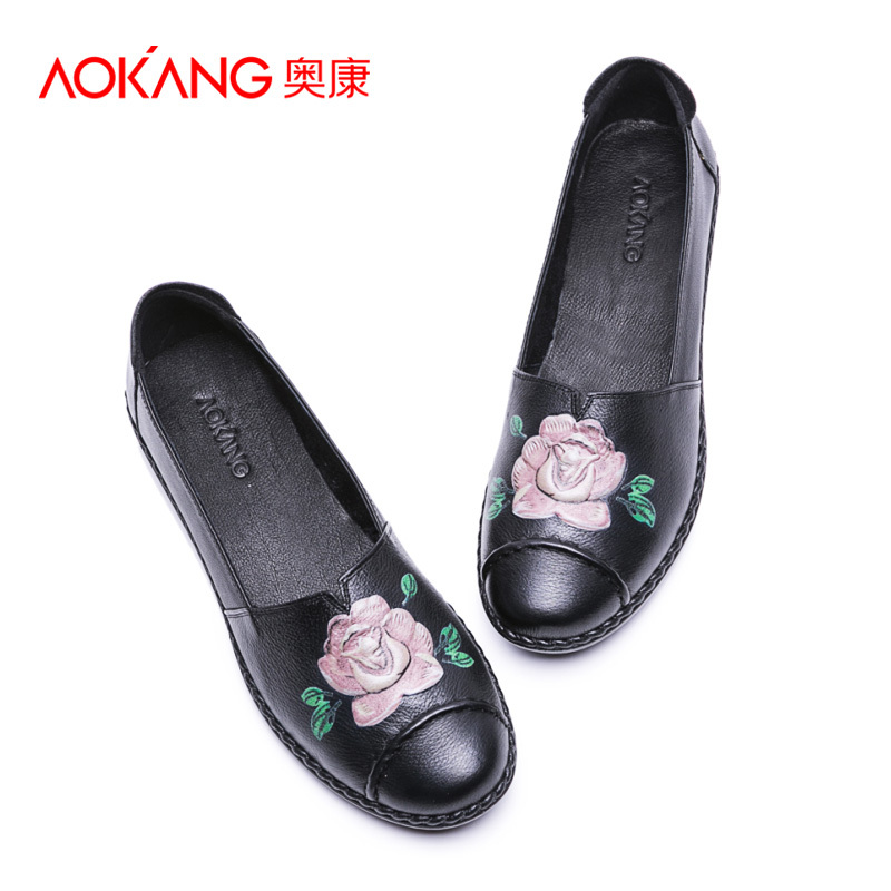 奥康女鞋舒适软底妈妈鞋平底防滑单鞋皮鞋女
