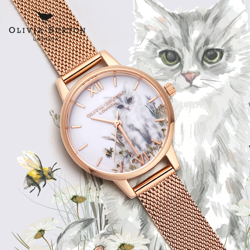 OLIVIABURTON进口 猫咪表盘女表 英国腕表时尚石英表 女OB16WL76 圆盘皮带30mm