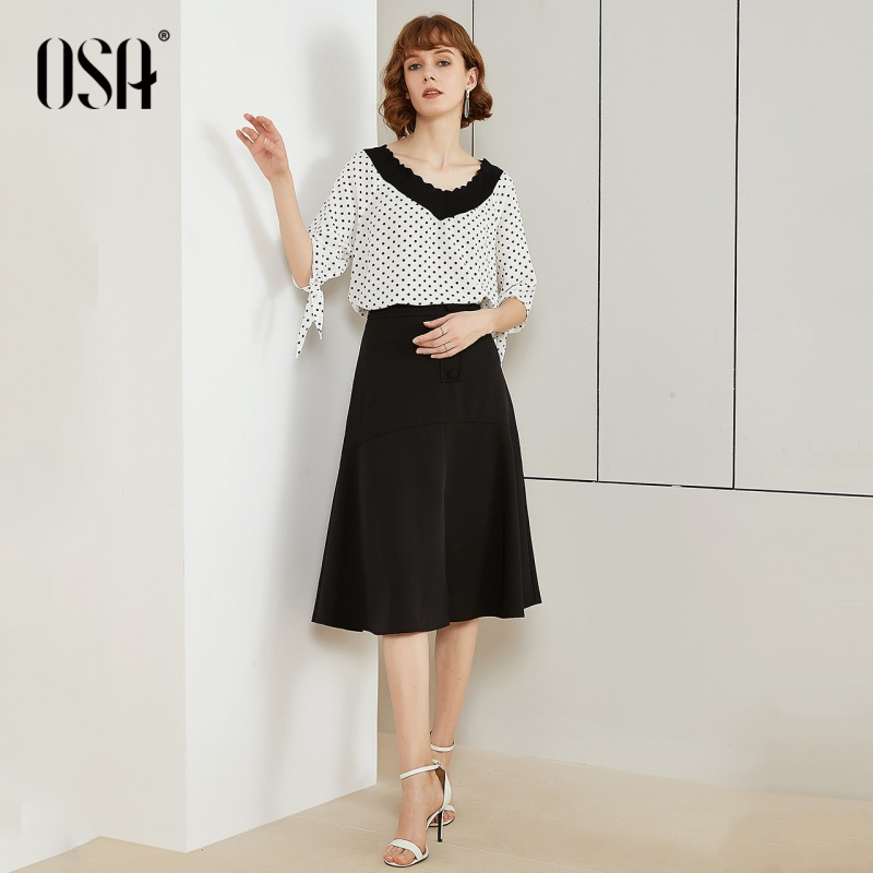 OSA欧莎a字半身裙2019新款夏中长款黑色职业裙女适合胯大腿粗裙子