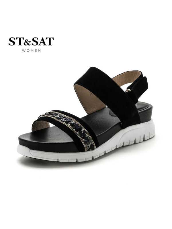 St&Sat/星期六羊反绒水钻一字带舒适女凉鞋SS72115599