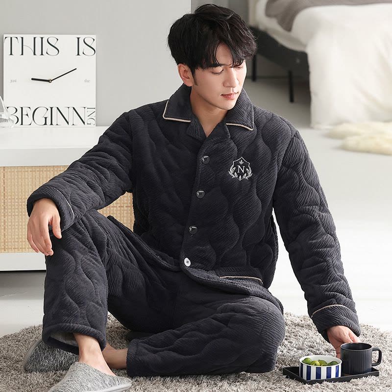 睡衣男士冬季开衫珊瑚绒三层夹棉加厚加绒法兰绒加大码家居服套装图片