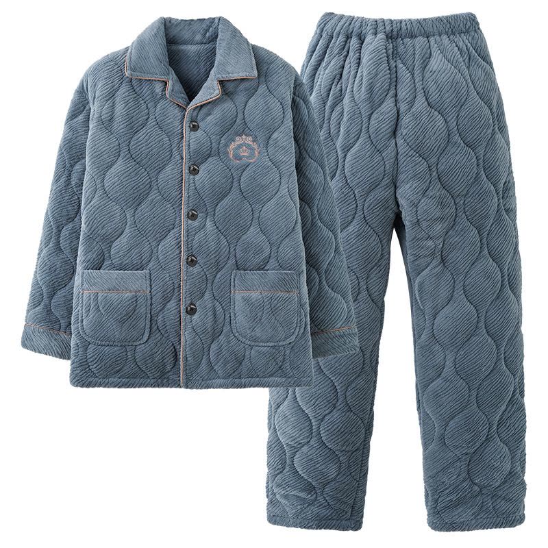 睡衣男士冬季开衫珊瑚绒三层夹棉加厚加绒法兰绒加大码家居服套装图片