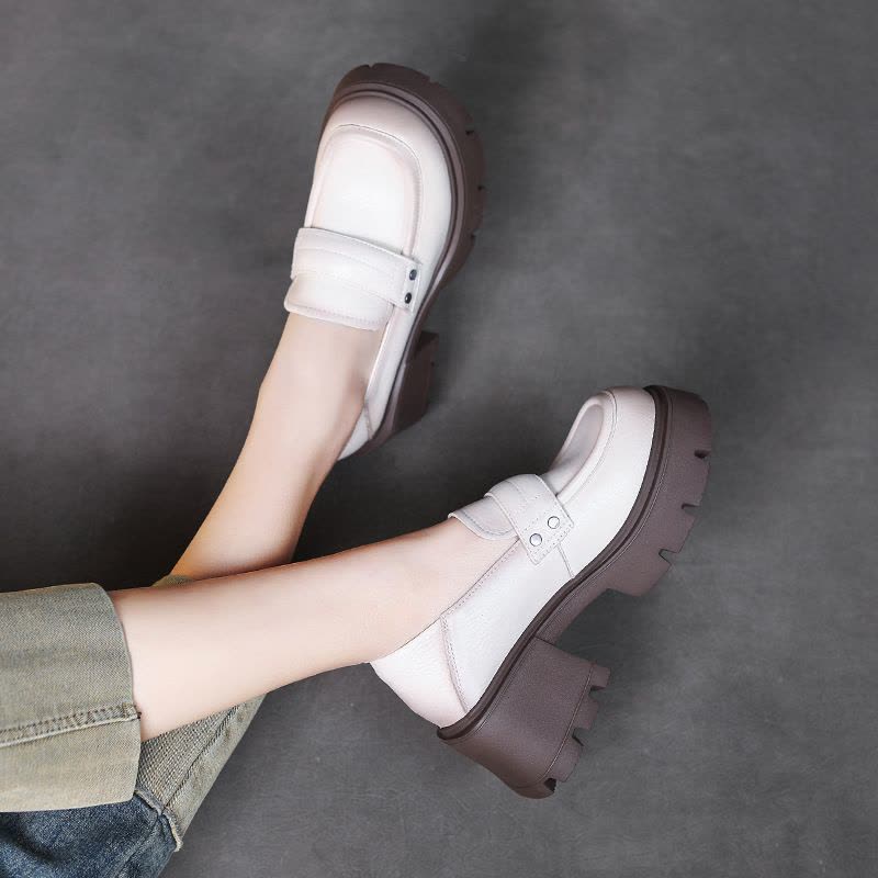 真皮英伦风小皮鞋女粗跟百搭单鞋秋季新款圆头厚底深口乐福鞋图片