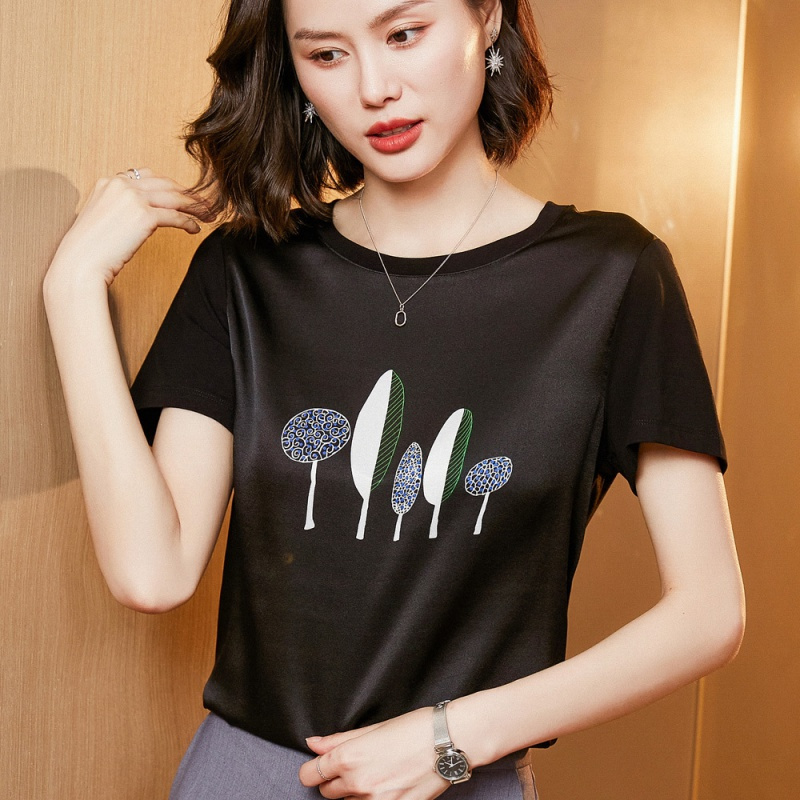 CeenBulled丝绸醋酸2022春夏季女装新款印花桑蚕丝韩版宽松上衣短袖T恤