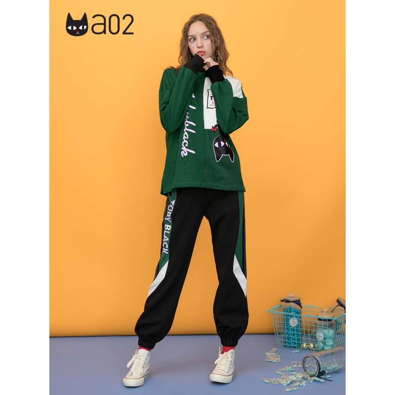 a02新款潮流印花撞色拼接抽绳秋冬加厚休闲裤女DTU5B1201PN