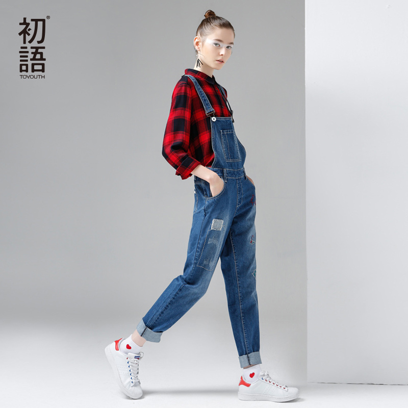 初语连体裤绣花背带裤女牛仔裤宽松吊带裤学生长裤