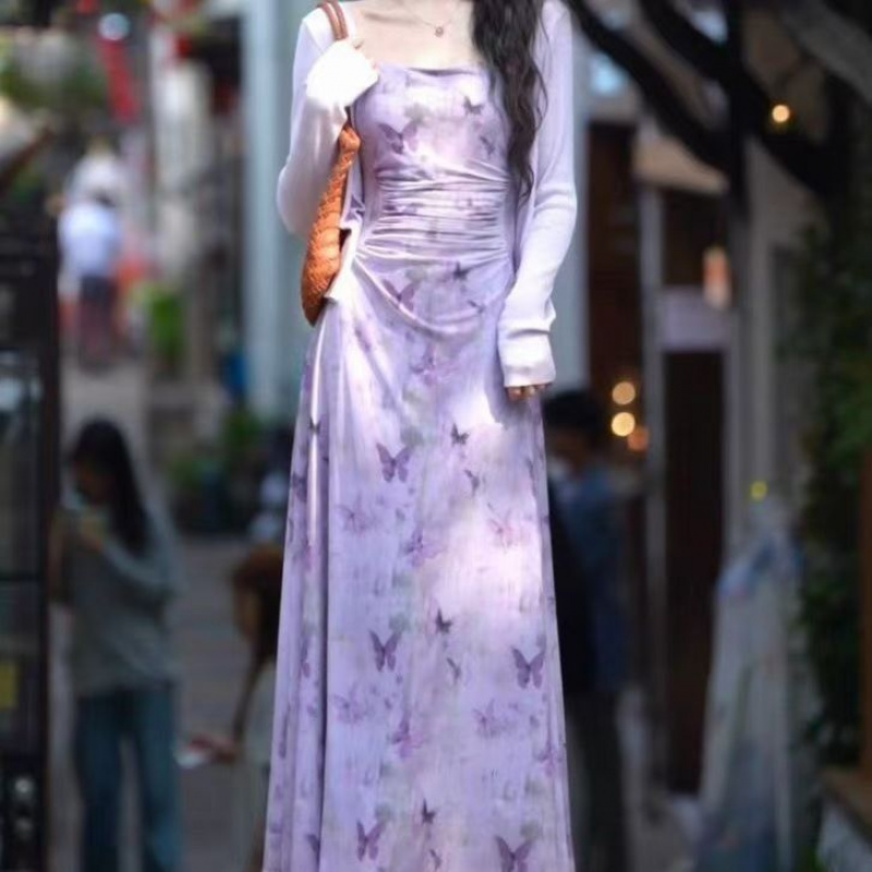 碎花吊带连衣裙女春秋季新款收腰显瘦设计感小个子外搭开衫两件套