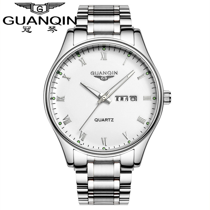 冠琴(GUANQIN)正品学生手表双日历超薄防水钢带石英表夜光男士腕表