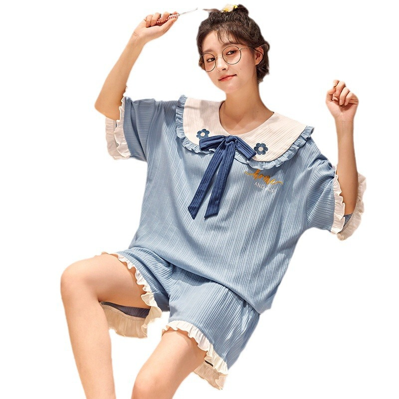 女士睡衣夏季棉质短袖 短裤韩版家居服卡通可爱休闲薄款睡衣套装
