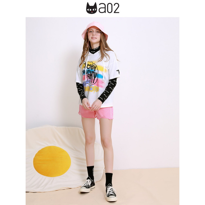 a02商场同款甜美少女连帽抽绳印花短袖T恤女D1U0C0031KT