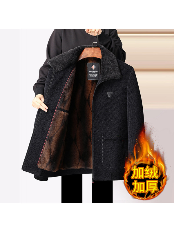 冬季加绒加厚爸爸装毛领抗寒外套休闲毛呢中老年爸爸装防寒夹克男