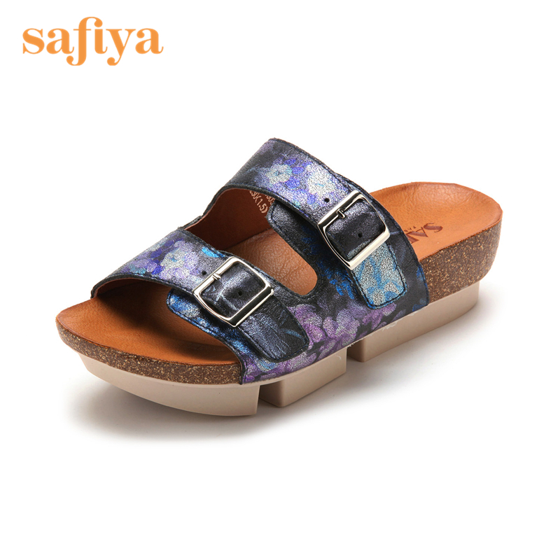 索菲娅Safiya春印花羊皮革露趾低跟一字型休闲单鞋女SF52116003_HGA51