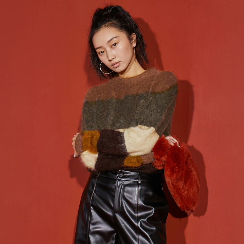 森宿拼色条纹海马毛纱线毛衣女秋冬装2018套头中长款长袖上衣
