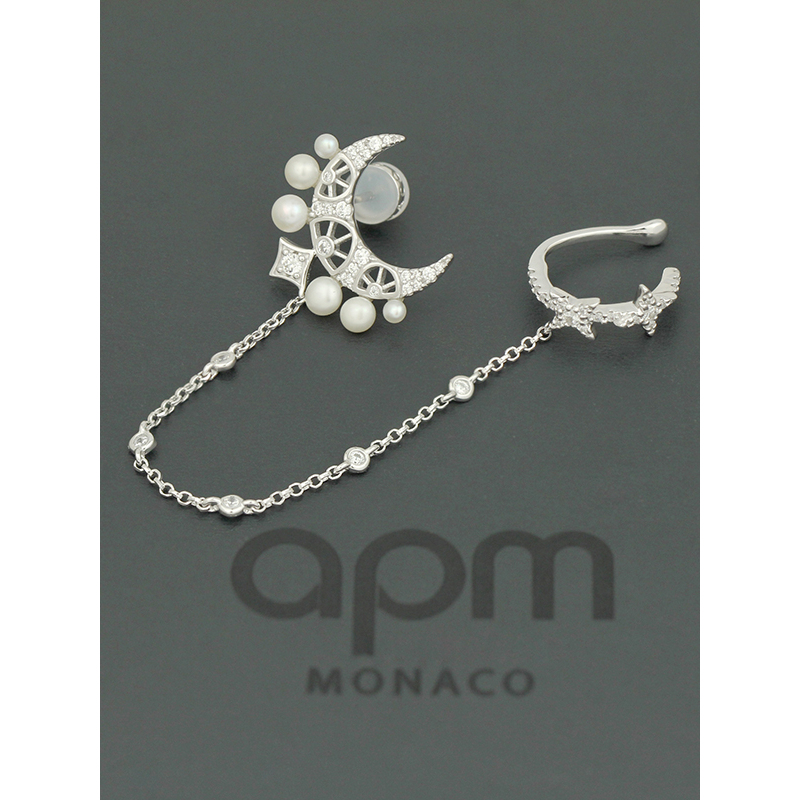 apm MONACO单只月亮&星星珍珠耳骨夹女士 气质时尚晚宴链条耳夹925银耳饰