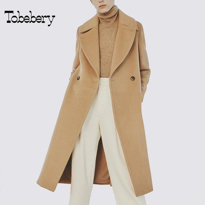 tobebery中长款呢子外套女2018新款秋冬新款双排扣大翻领毛呢外套