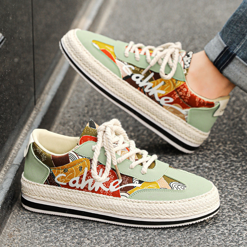 春季板鞋皮革拼接字母彩色休闲运动鞋低帮系带新款厚底草编男鞋