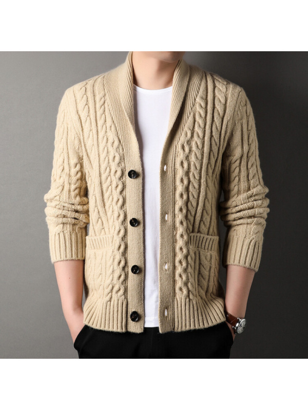 男装同款中年毛衣开衫春秋季外穿扭花针织外套男加厚男上衣