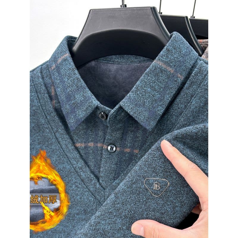 新款T恤加绒假两件男士长袖polo衫加厚鸡心领休闲打底衫男装上衣图片
