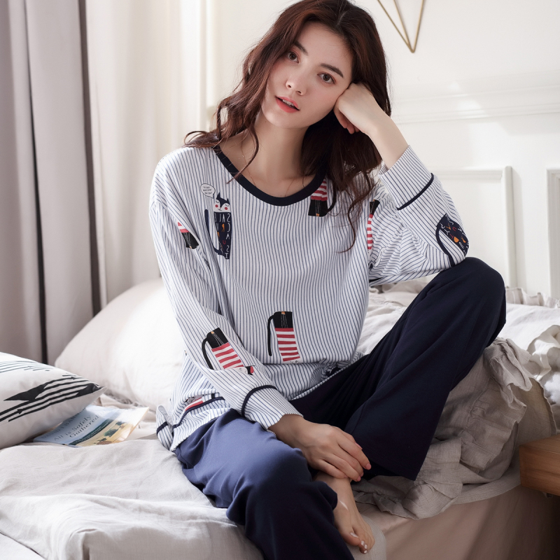 安之伴春秋睡衣纯棉卡通猫长袖女士家居服套装D73B296