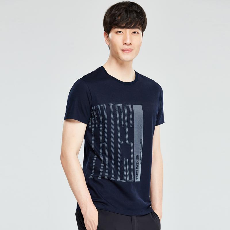 才子男装tries圆领短袖t恤男夏季新款修身简约潮流字母休闲打底体恤衫