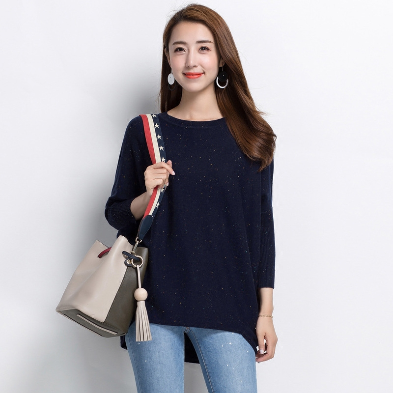 恒源祥羊毛衫女圆领100秋冬七分袖针织衫宽松彩点蝙蝠袖外穿毛衣