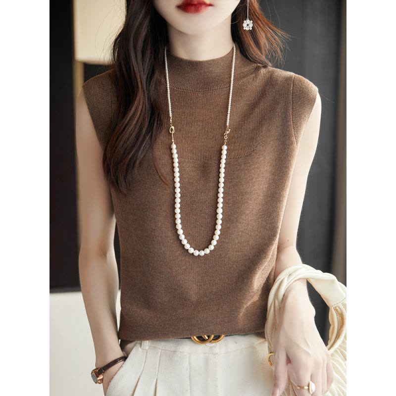 春夏季新款网纱拼接背心打底衫女半高领薄款羊毛镂空无袖针织T恤图片