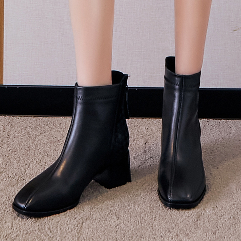 策霸切尔西靴女2020新款冬季加绒加厚短靴黑色头层牛皮方头中跟靴子