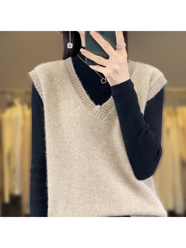 春秋V领叠穿马甲女秋冬宽松外穿百搭针织打底加厚慵懒风毛衣背心