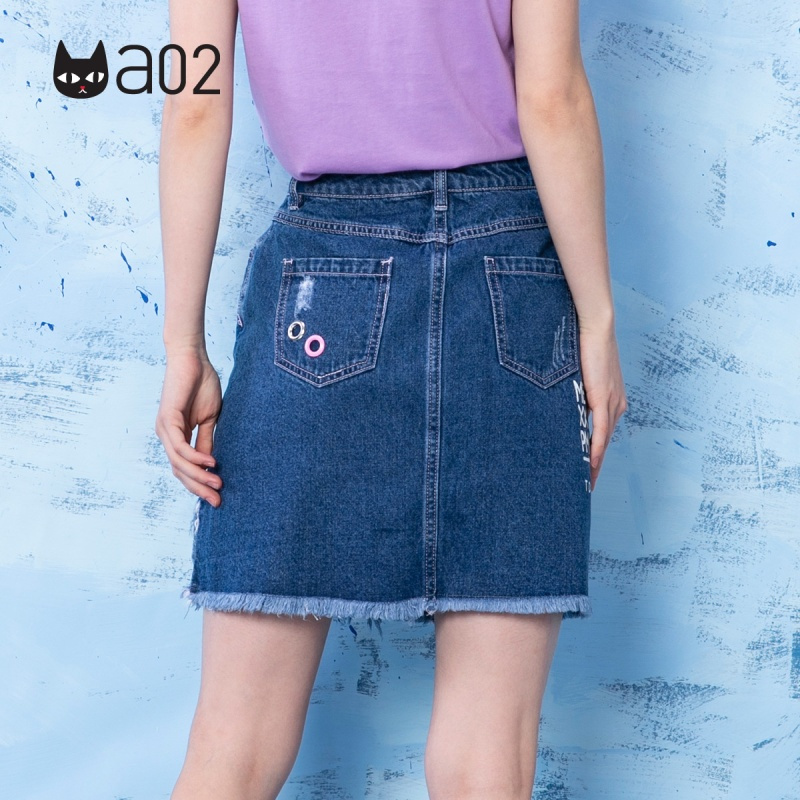 a02商场同款潮流印花破洞流苏不对称A字牛仔短裙女D1T3D0601SK