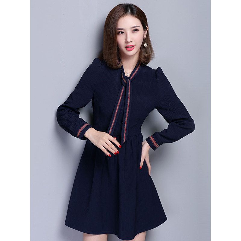 欧昵雪秋装新款韩版气质淑女百褶连衣裙纯色系带女装长袖短裙r