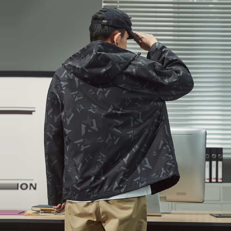 唐狮2021春季新款男外套时尚男士印花连帽夹克百搭潮流休闲男装
