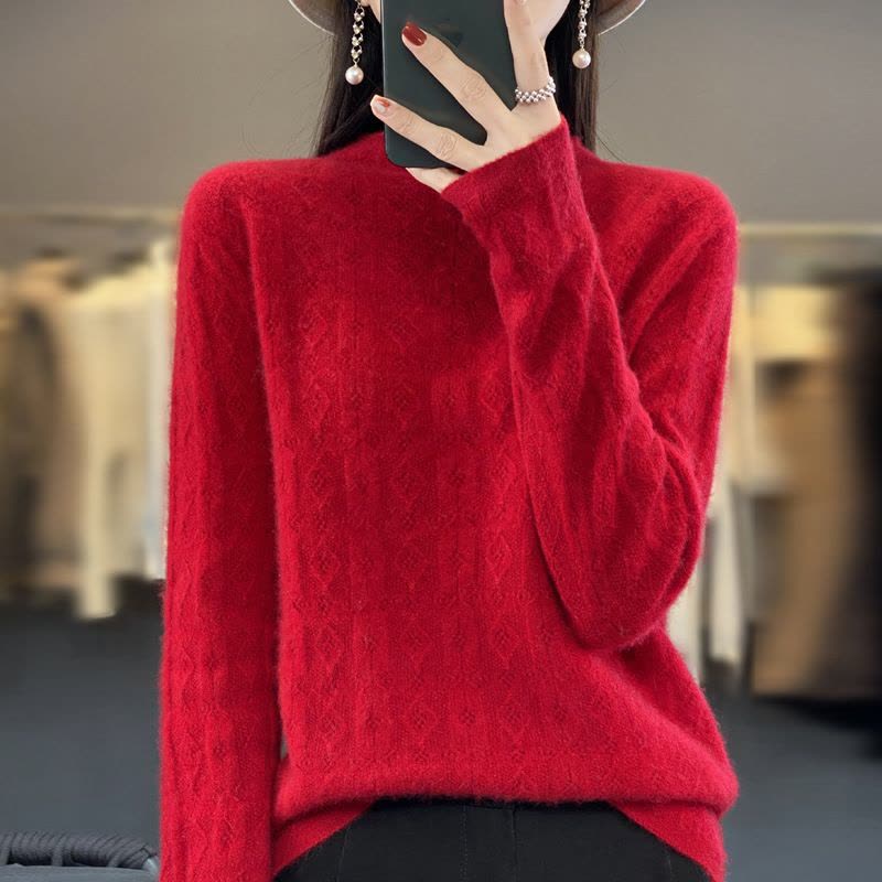 年秋冬一线成衣羊毛衫方格菱形镂空针织非羊绒打底毛衣女图片