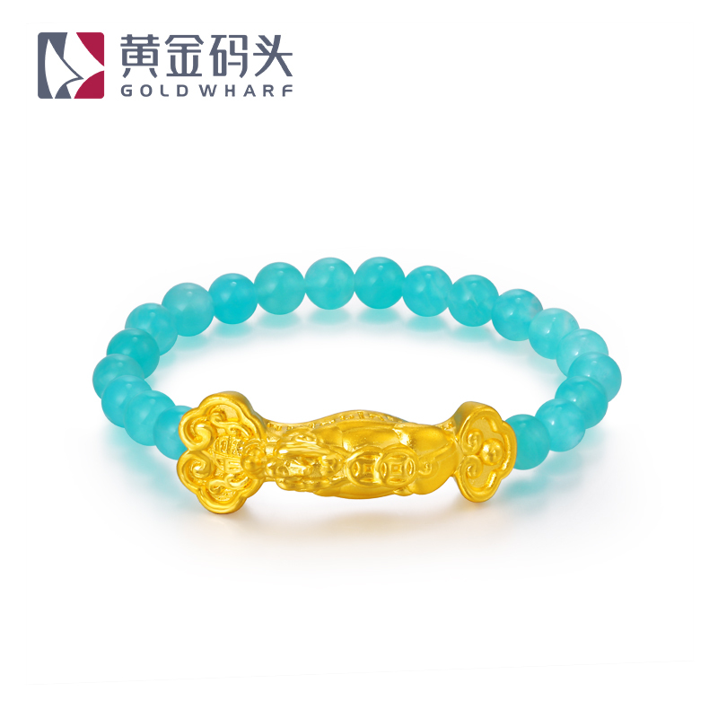 黄金码头 3D硬金999足金如意龙龟天河石手串黄金转运珠手链珠宝
