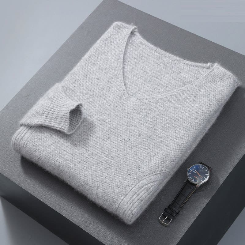 秋冬男士V领貂绒毛衣纯色套头绒衫大码保暖打底针织羊毛衫图片