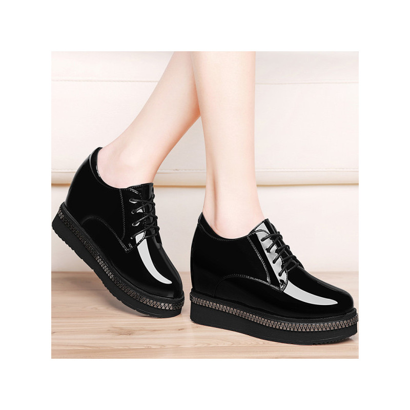 莱卡金顿松糕鞋2017春秋新款英伦漆皮厚底小皮鞋女士韩版百搭内增高