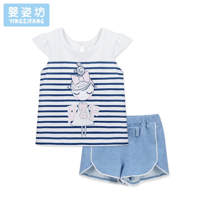 女童夏季圆领荷叶袖舒适后扣纯色短裤两件套 1-5岁73-120码