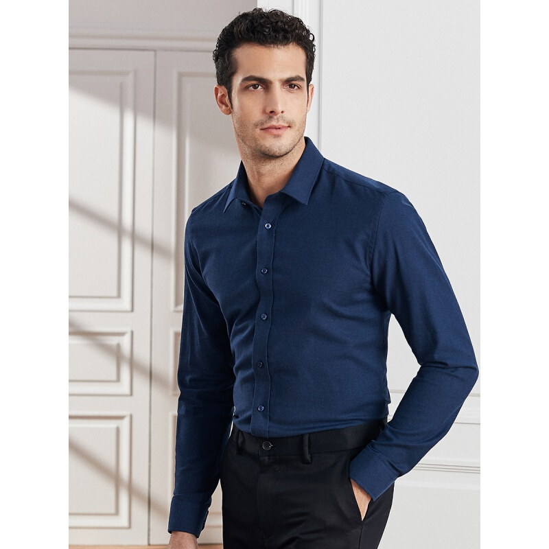 杉杉男装秋新款中年纯长袖衬衫男商务休闲斜纹磨毛保暖衬衣男