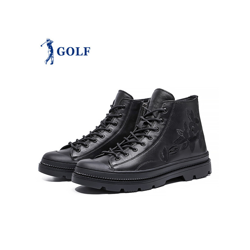 GOLF/高尔夫英伦百搭绣花时尚靴真皮靴子男黑色