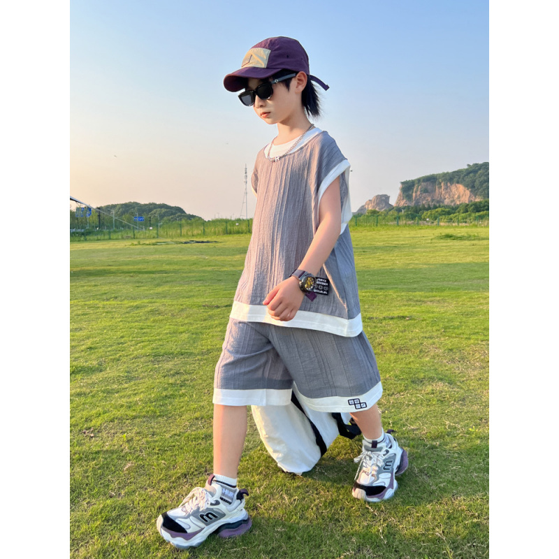 男童夏装套装2025新款男孩儿童背心夏季速干短袖中大童洋气薄款潮