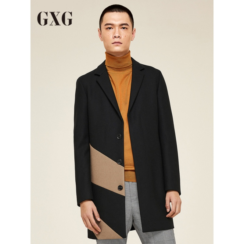 gxg男装冬季男士时尚青年黑色长款羊毛呢大衣外套男1